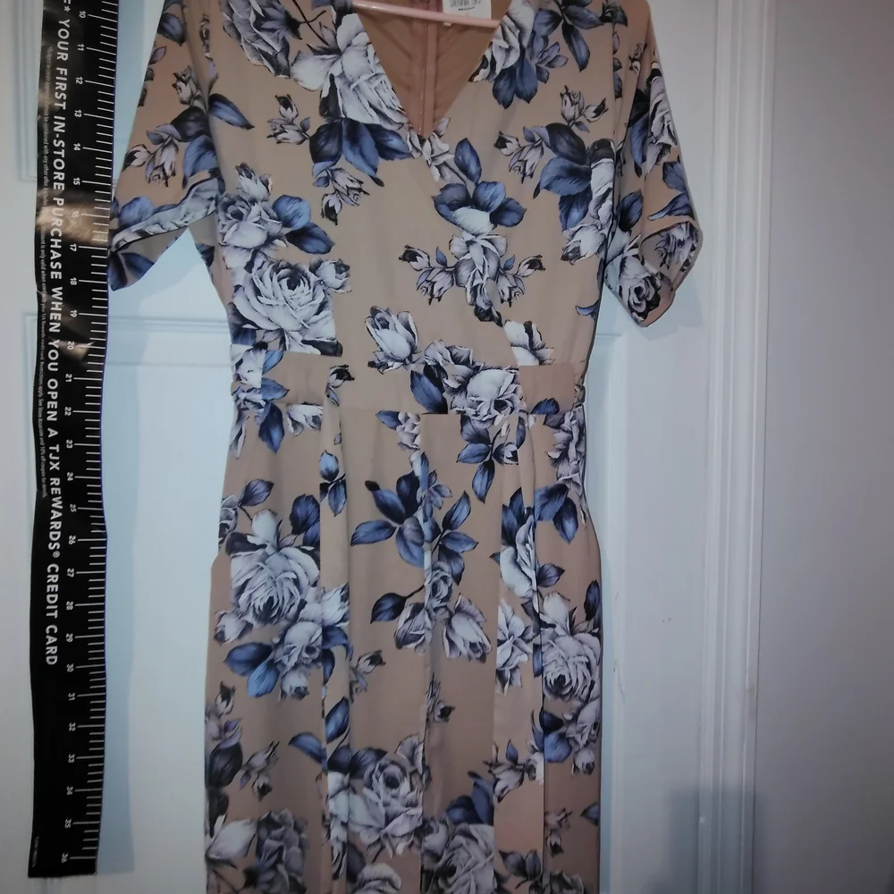Sienna Sky Tan and Blue Floral Dress S New Nwot
